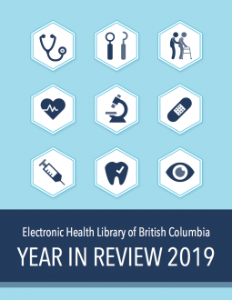 Cover of the eHLbc Year in Review 2019. Image includes health related icons like a stethoscope, dental tools and a bandaid.